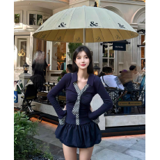 批发实拍 2025新款纯欲辣妹格纹领长袖<b class='q'>t</b><b class='q'>恤</b>女秋季性感收腰上衣裙裤套装