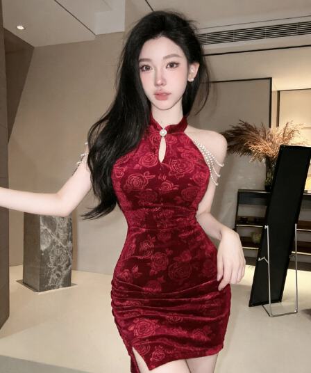 실사 2026 새로운 섹시함 나이트 클럽 개선 치파오 체인 장식 드레스