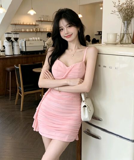실사 2026 새로운 순수한 욕망 섹시함 낮은 가슴 V넥 쇼트 스타일 망사 슬립 드레스