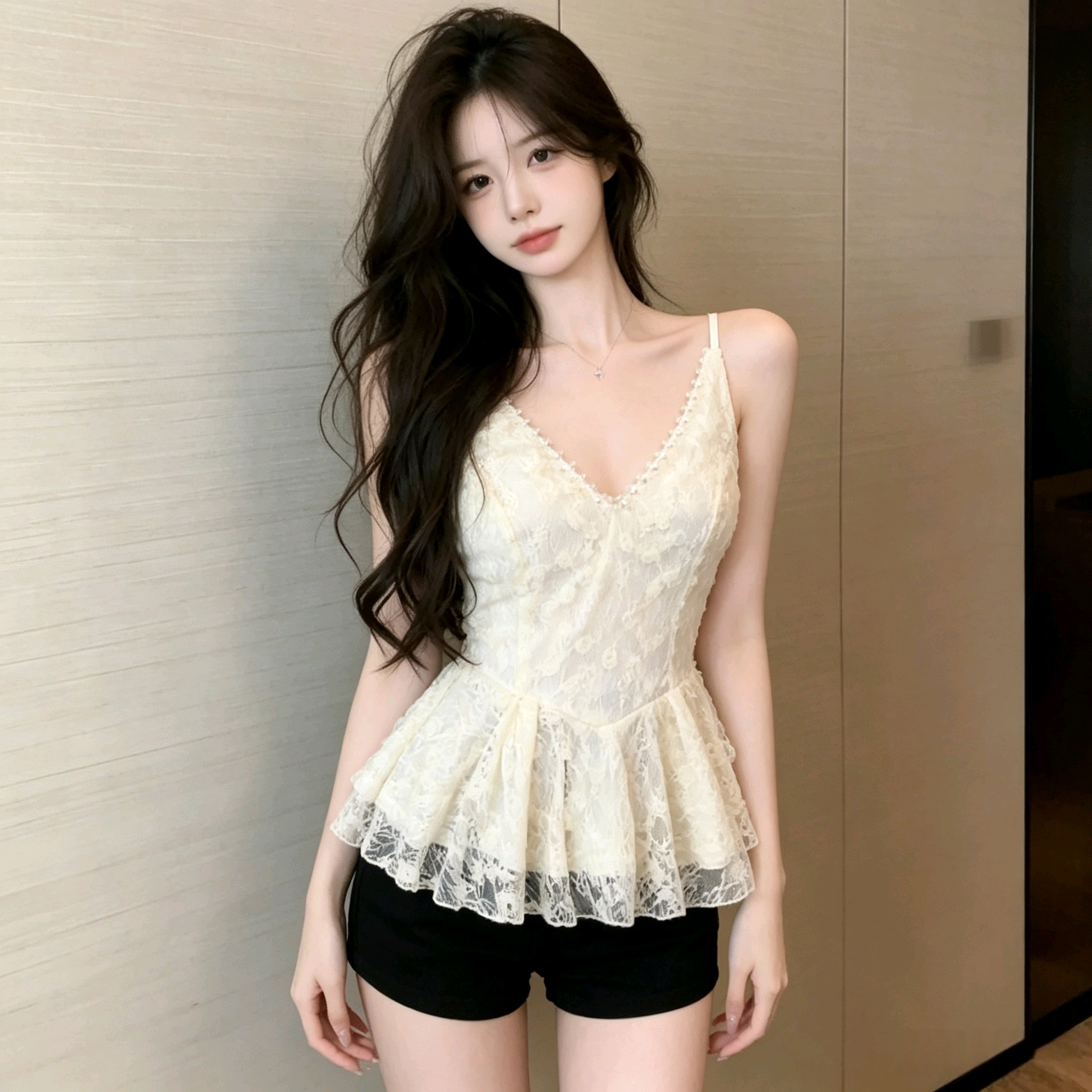 실사 2026 핫걸 섹시함 레이스 조각 캐미솔 홀로우 아웃 디자인 센스 무거운 작업 비즈 박기 아름다운 맨위