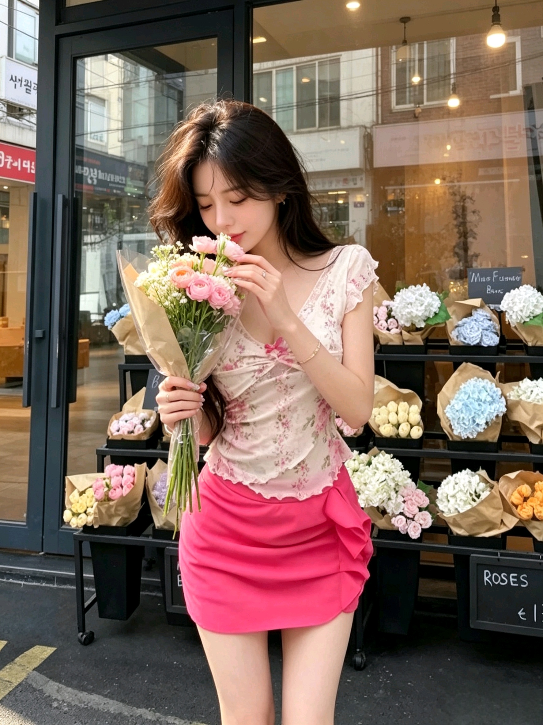 실사 거리 센스 꽃무늬 세트 디자인 센스 가슴 나비 매듭 홀로우 아웃 맨위 하이웨이스트 주름 반신 스커트