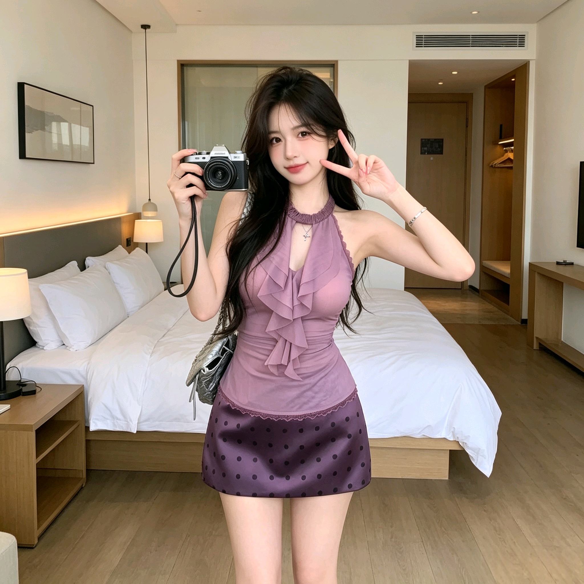 실사 순수한 욕망 보라색 행침 목 슬립 여성 여름 디자인 센스 핫걸 민소매 맨위 미니 스커트 세트