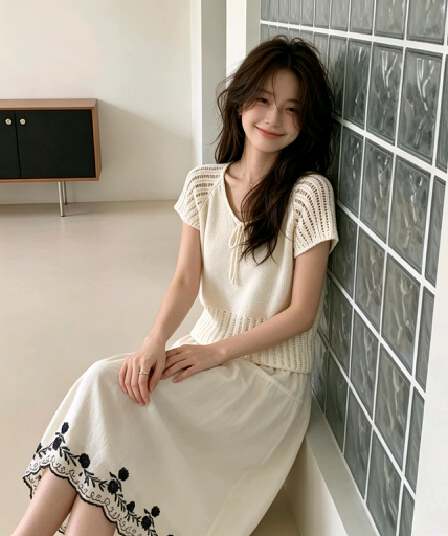 실사 한 부서 V넥 펌프 로프 홀로우 아웃 니트 맨위 여름 얇은 스타일 루즈핏 반팔 블라우스 쇼트 스타일 슬림해 보이는 작은 셔츠