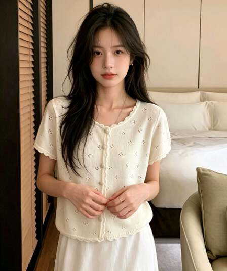실사 홀로우 아웃 반팔 니트 오픈 가디건 여성 한 부서 레이스 라운드 넥 싱글 줄 버튼 쇼트 스타일 부드러운 슬림해 보이는 얇은 스타일 맨위