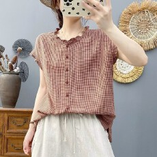 批发2026<b class='q'>夏</b>季新款棉麻小格子木耳边宽松衬衫上衣无袖T恤复古背心