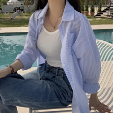 批发<b class='q'>夏</b>装chic复古皱感蓝色条纹衬衫2026大码女装休闲防晒衬衫