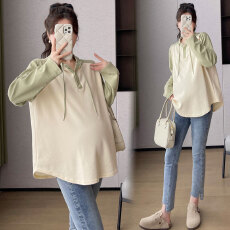 批发实拍2025秋季新款孕妇美式休闲时尚撞色甜美宽松连帽T恤