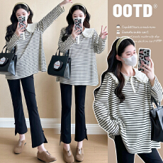 批发实拍2025孕妇春季新款甜美减龄娃娃领条纹休闲宽松T恤潮妈