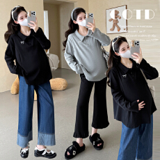 批发实拍2025秋季新款孕妇休闲POLO领时尚甜美刺绣宽松T恤