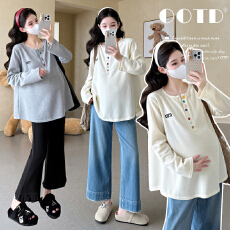 批发实拍2025秋季新款孕妇休闲V领时尚甜美刺绣宽松T恤