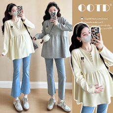 批发实拍2025孕妇秋季新款休闲长袖甜美纯棉宽松卡通娃娃衫T恤