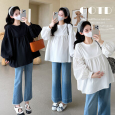 批发实拍2025秋季新款孕妇圆领休闲甜美针织T恤拼接木耳边娃娃衫