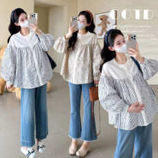 批发实拍2025秋季新款孕妇法式<b class='q'>韩版</b>木耳边拼接宽松娃娃衫上衣