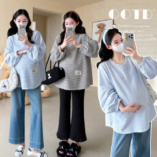 批发实拍2025秋季新款孕妇休闲条纹T恤宽松大码卫衣潮妈