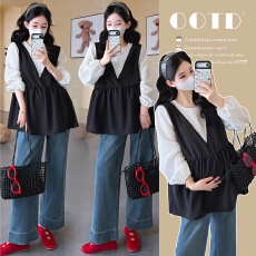 批发实拍2026<b class='q'>春</b>季新款孕妇韩版假两件拼接气质娃娃衫上衣