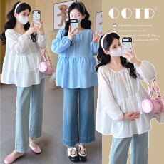 实拍2026春季新款孕妇韩版荷叶边甜美拼接娃娃衫上衣