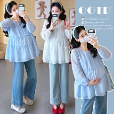 实拍2026春季新款孕妇韩版木耳边拼接甜美娃娃衫上衣