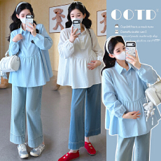 实拍2026孕妇春季新款甜美气质翻领宽松娃娃衫上衣