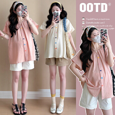 批发实拍2026新款<b class='q'>孕妇</b><b class='q'>韩</b>系宽松泡泡袖甜美娃娃衫上衣+托腹短裤