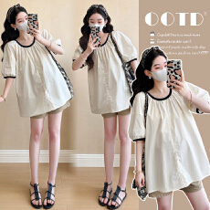 实拍2026新款孕妇韩版泡泡袖减龄撞色娃娃衫上衣+托腹短裤