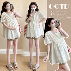 实拍2026夏季新款孕妇韩版蕾丝刺绣减龄娃娃衫上衣+托腹短裤