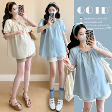 批发实拍2026夏季新款<b class='q'>孕妇</b><b class='q'>法式</b>温柔气质娃娃衫上衣+托腹短裤