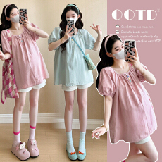 批发实拍2026<b class='q'>孕妇</b><b class='q'>法式</b>多巴胺甜美减龄娃娃衫上衣+托腹短裤