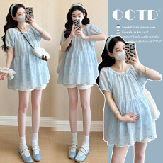 批发实拍2026夏季新款孕妇法式蕾丝刺绣温柔减龄娃娃衫上衣+托腹短裤