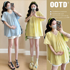 批发实拍2026孕妇法式多巴胺V领甜美减龄娃娃衫上衣+托腹短裤