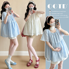 批发实拍2026夏季新款<b class='q'>孕妇</b><b class='q'>韩版</b>蕾丝刺绣减龄娃娃衫上衣+托腹短裤