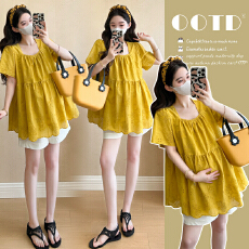 批发实拍2026夏季新款孕妇韩版蕾丝刺绣减龄娃娃衫上衣+托腹短裤