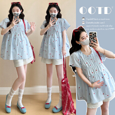 批发实拍2026新款孕妇韩版飞飞袖爱心刺绣减龄娃娃衫上衣+托腹短裤