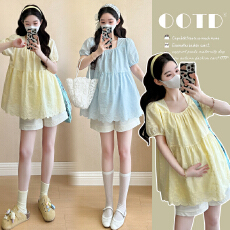 批发实拍2026夏季新款孕妇韩版蕾丝刺绣减龄娃娃衫上衣+托腹短裤