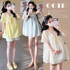 批发实拍2026夏季新款孕妇韩版V领蕾丝刺绣减龄娃娃衫上衣+托腹短裤