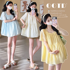 批发实拍2026夏季新款孕妇韩版蕾丝刺绣减龄娃娃衫上衣+托腹短裤