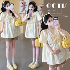 批发实拍2026新款孕妇韩版V领蝴蝶结刺绣减龄娃娃衫上衣+托腹短裤