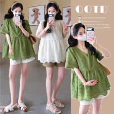 实拍2026夏季新款孕妇韩版V领蕾丝刺绣减龄娃娃衫上衣+托腹短裤