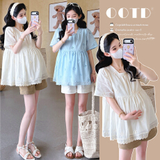 实拍2026夏季新款孕妇韩版蕾丝刺绣减龄娃娃衫上衣+托腹短裤