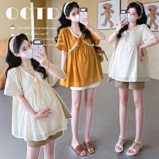 批发实拍2026夏季新款孕妇韩版V领<b class='q'>蕾丝</b>刺绣减龄娃娃衫上衣+托腹<b class='q'>短裤</b>