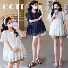 批发实拍2026新款孕妇韩版刺绣拼接雪纺甜美宽松娃娃衫上衣+托腹短裤