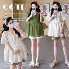 批发实拍2026<b class='q'>夏</b>季新款孕妇韩版V领蕾丝刺绣减龄娃娃衫上衣+托腹短裤