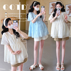 批发实拍2026<b class='q'>夏</b>季新款孕妇韩版蕾丝刺绣减龄娃娃衫上衣+托腹短裤