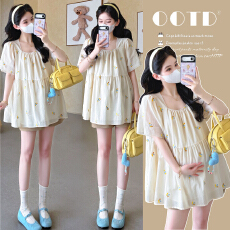 实拍2026夏季新款孕妇韩版刺绣减龄宽松甜美娃娃衫上衣+托腹短裤