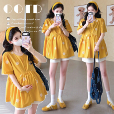 实拍2026夏季新款孕妇韩版刺绣甜美减龄娃娃衫上衣+托腹短裤