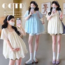 批发实拍2026夏季新款孕妇韩版蕾丝刺绣减龄娃娃衫上衣+托腹<b class='q'>短裤</b>