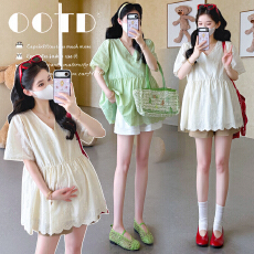 批发实拍2026夏季新款孕妇韩版V领蕾丝刺绣减龄娃娃衫上衣+托腹<b class='q'>短裤</b>