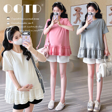 批发实拍2026夏季新款<b class='q'>孕妇</b><b class='q'>休闲</b>甜美宽松<b class='q'>T</b><b class='q'>恤</b>拼接木耳边娃娃衫+托腹短裤