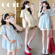 批发实拍2026<b class='q'>夏</b>季新款孕妇韩版刺绣甜美减龄娃娃衫上衣+托腹短裤