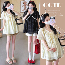 批发实拍2026<b class='q'>夏</b>季新款孕妇韩版V领波点印花减龄娃娃衫上衣+托腹短裤