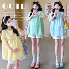 批发实拍2026夏季孕妇韩版彩色蕾丝刺绣多巴胺娃娃衫上衣+托腹短<b class='q'>裤</b>